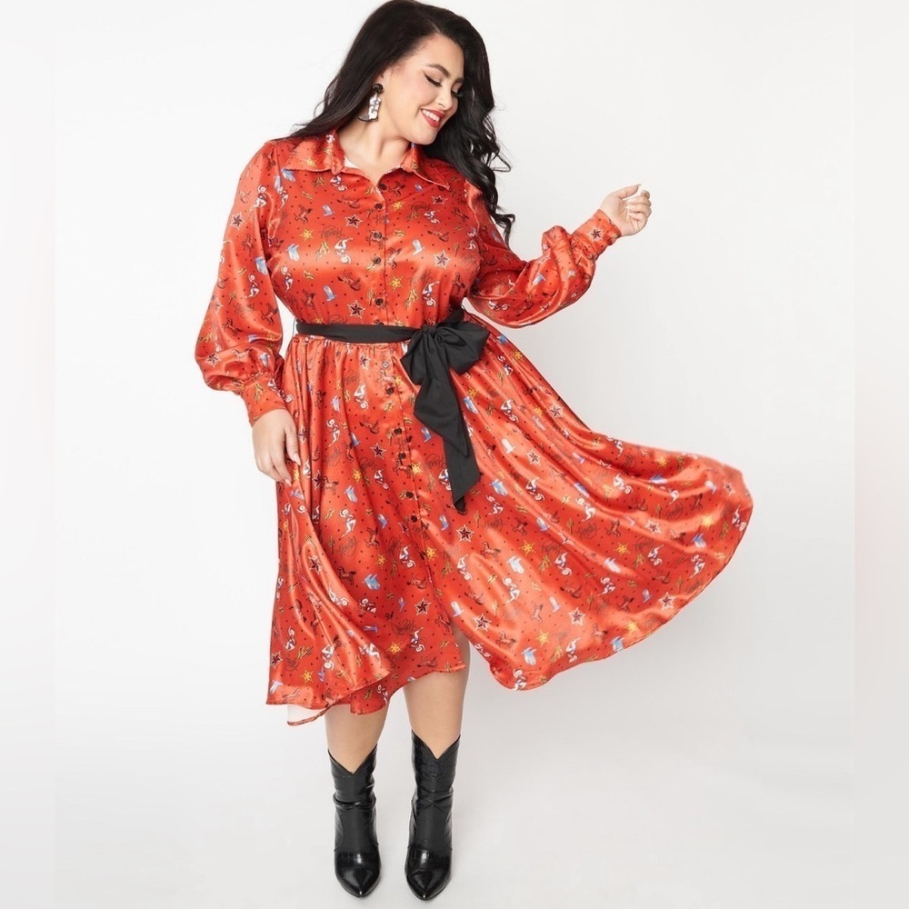UNIQUE VINTAGE RUST Red Silk Western Print ROCKABILLY Dress with Tie NWT Howdy